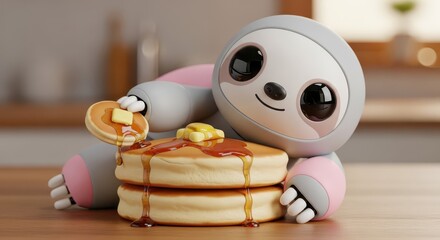 Fototapeta premium Adorable stylized sloth character enjoys a stack of syrup drenched breakfast cakes