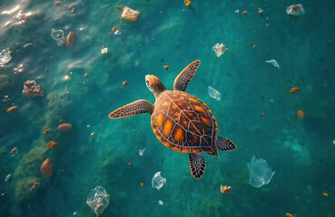 Fototapeta premium Top view of sea turtle swims through ocean water covered with plastic trash. Marine animal navigates around floating garbage bags bottles and nets. Environmental crisis deepens.
