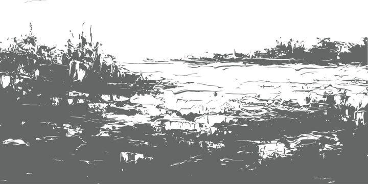 Monochrome Grunge Landscape Vector Background Distressed Nature Scenery Illustration Artistic Riverbank Texture Graphic Resource