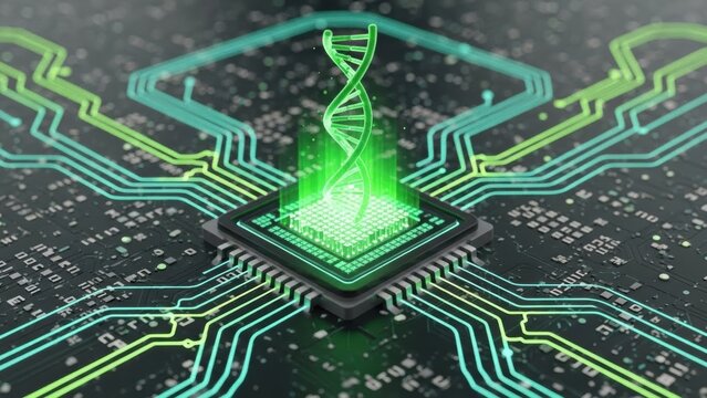 Biotechnology Innovation DNA Helix Emerging from Advanced Microchip Symbolizing Genetic Engineering and Future Science