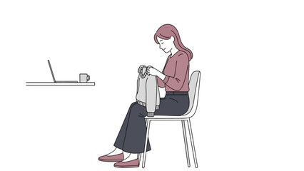Illustration of a woman sitting on a chair and looking at a casual clothing piece