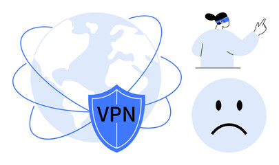 VPN security concept. VPN ensures privacy when navigating online with a secure global connection. VPN protects against identity threats and enhances data privacy. Perfect for technology