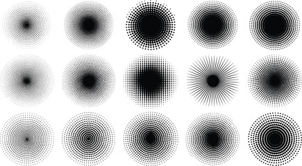 Dynamic set of abstract black and white circular graphic elements showcasing diverse radial patterns, halftone textures, and gradient effects for creative design projects