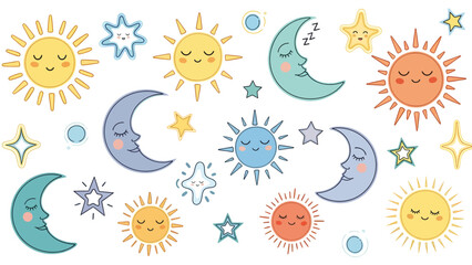 Obraz premium Cheerful Suns and Moons Pattern Illustration for Kids, Whimsical Graphic Design, Playful Atmosphere