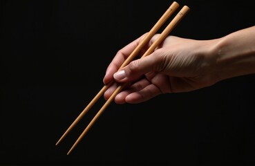 Hand grasps wooden Chinese chopsticks against black background, Asian cuisine, dining traditions. Image great for food blogs, menus, cultural articles about Eastern eating habits.