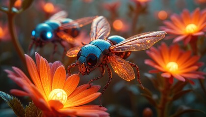 Metallic insect drones with glowing blue eyes fly near bright orange flowers. Tiny robots pollinate plants in a bioluminescent garden. Futuristic nature scene with artificial life forms thriving.