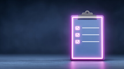Neon clipboard checklist glowing task list pink blue light minimal office tool dark background productivity concept three check box futuristic design business planning reminder note Neon clipboard