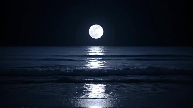 Full bright moon reflecting on calm dark blue ocean waves at night
