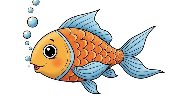 Animated Cartoon Fish with Expressive Facial Features in Bubbles Movement Sequence