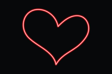 A minimalist design featuring a vibrant glowing red heart outline on a stark black background.