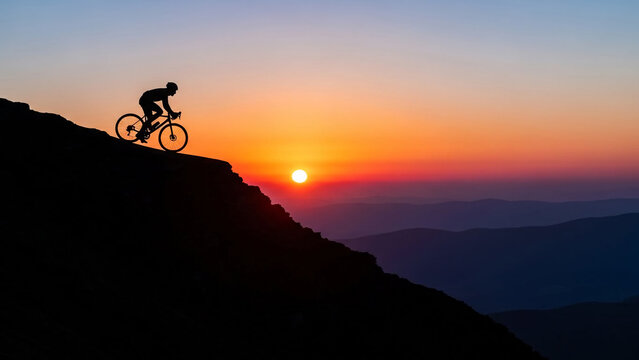 Silhouette of a cyclist riding a mountain bike uphill against a dramatic sunset sky symbolizing endurance challenge and outdoor adventure