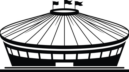 Modern stadium or arena silhouette illustration with flags and circular roof, black and white sports architecture icon isolated background © Julfikar