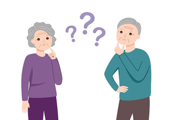 Thinking seniors couple. Confused elderly people. Grandfather, grandmother forget and trying remember. Troubled old senior discussion, aging seniors worried talking cartoon vector illustration