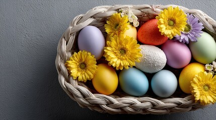 Easter Basket of Joy: A charming, woven basket overflows with an array of colorful, decorated eggs and vibrant blooms, creating a delightful scene of springtime celebration and renewal.