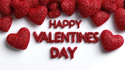 Valentine's Day Hearts Celebration: An array of sparkling red hearts surrounds a Happy Valentines Day greeting. Expressing affection and celebrating love. 