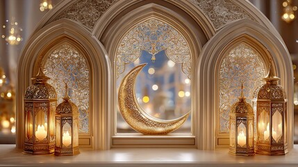 Golden Crescent and Lanterns: A lavishly decorated scene featuring a radiant golden crescent moon and illuminated lanterns, creating a warm, spiritual ambiance. 