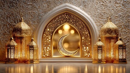Golden Crescent and Lanterns: A beautifully lit scene featuring ornate golden lanterns and a crescent moon, radiating serenity and spirituality.