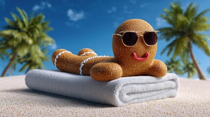 Gingerbread Man's Tropical Getaway: A whimsical gingerbread man wearing sunglasses reclines on a beach towel under a bright blue sky, embodying relaxation and leisure in a sunny paradise.