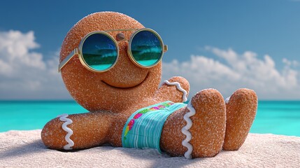Gingerbread man's Beach Vacation: A cheerful gingerbread man basking in sun, reclined on a sandy beach. Sunglasses and swimwear elevate his relaxed summer vibes.