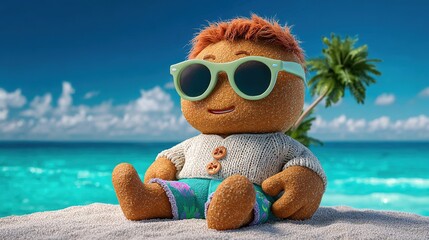 Beach Day Relaxation: A delightful character, adorned with sunglasses, finds serene relaxation on a sandy beach.  The backdrop reveals a picturesque ocean scene.