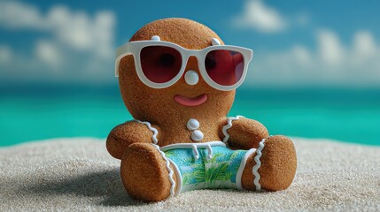 Sun-Kissed Gingerbread Man: A whimsical gingerbread man takes a relaxing break on the beach, sporting stylish sunglasses and soaking up the sun's warm rays.