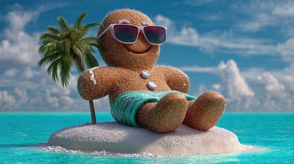 Gingerbread Man's Island Escape:  A relaxed gingerbread man lounges on a miniature island, complete with sunglasses and tropical attire, a whimsical depiction of vacation bliss. 