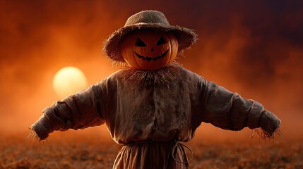Halloween scarecrow in field under sunset: An eerie Halloween scarecrow stands tall in a barren field. The head is a carved pumpkin, a whimsical yet slightly sinister character.