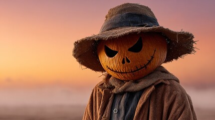 Spooky scarecrow in twilight: An eerie scarecrow, with a carved pumpkin head, stands watch in a field at dusk. The dimming light and spooky aura creates a chilling ambiance.