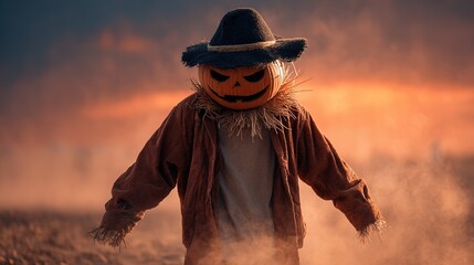 Spooky Scarecrow's Grasp: In a sun-kissed twilight, a sinister scarecrow stands defiant in a golden harvest field, the embodiment of autumn's haunting embrace. 