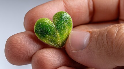 Heart-shaped plant in hand: A tender display of nature's artistry, a verdant heart-shaped plant nestled in the palm of a hand, a symbol of growth and affection.