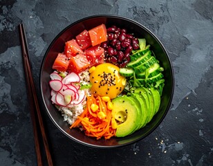 Delicious and Healthy Poke Bowl with Fresh Ingredients and Rice