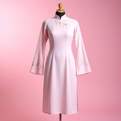 Elegant Pink Cheongsam Dress with Floral Embroidery Details
