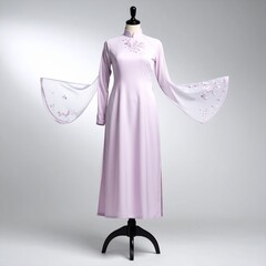 Lavender Traditional Vietnamese Ao Dai Dress with Floral Embroidery Details