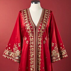 Traditional Red and Gold Embroidered Kaftan for Women Fashion
