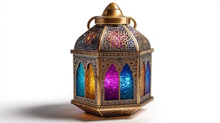Ornate Lantern: A beautifully crafted, intricately designed lantern glows with a warm, inviting light. The detailed metalwork and colorful glass panels create a striking visual display.