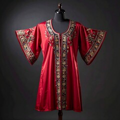Traditional Embroidered Red Silk Tunic with Floral Patterns