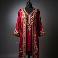 Traditional Embroidered Red Kaftan Dress with Tassels and Ornate Details