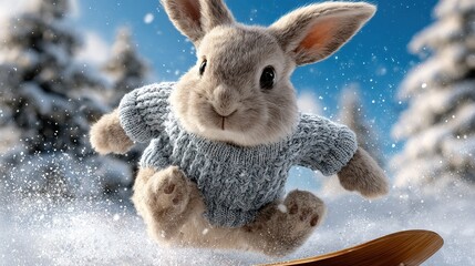 Snow Bunny's Winter Frolic: A charming bunny, adorned in a cozy sweater, joyfully glides across a snow-covered landscape, capturing the essence of winter's playful spirit. 