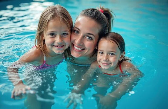 Mother and two happy daughters enjoy swimming in clear blue water. Kids laugh and splash while learning new skills. Family fun time at indoor pool or waterpark. - Powered by Adobe