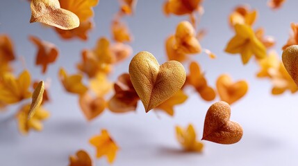 Autumnal Heartfelt Display: Golden-hued leaves, delicately shaped into hearts, float gracefully against a soft, blurred backdrop, evoking feelings of love and seasonal warmth.