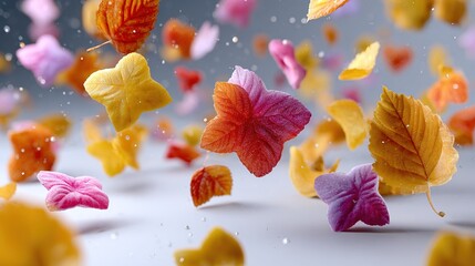 Artistic Leaf Fall: A vibrant arrangement of intricately crafted, colorful leaves float gently against a soft background, evoking a sense of seasonal beauty and delicate artistry.