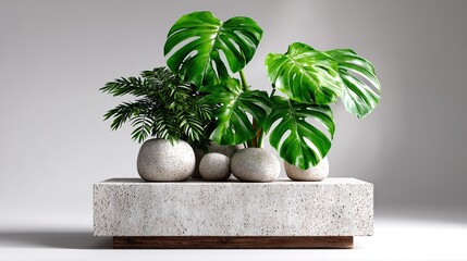 Monstera and Fern in Urban Oasis: A captivating composition of a Monstera plant, with its iconic split leaves, and a delicate fern plant is elegantly showcased on a minimalist concrete planter. 