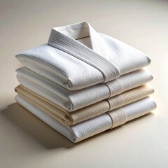 Stack of Neatly Folded White and Beige Karate Gi Uniforms