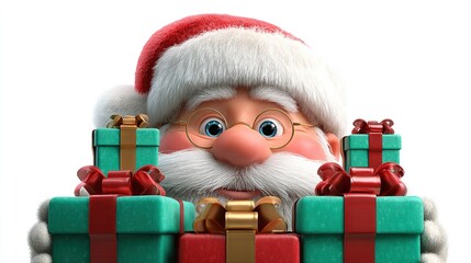 Holiday Cheer: A jolly Santa Claus, adorned in his iconic red hat and spectacles, is surrounded by a collection of vibrantly wrapped gifts.