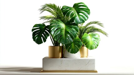 Elegant Monstera Plant Display: A trio of lush monstera plants, adorned with large, verdant leaves, finds its home in chic golden pots, artfully arranged on a minimalist white stand.