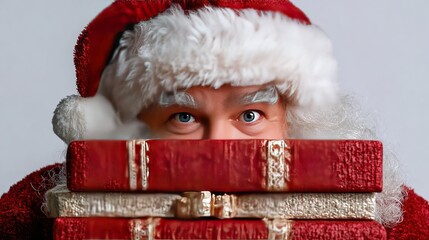 Santa Reading: A glimpse of joy, as Santa Claus peers over a stack of festive books, adding a touch of holiday warmth and anticipation.