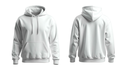 Front & back view, plain white hoodie. Features hood, pocket, & ribbed cuffs and hem