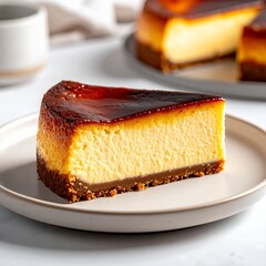 Delicious slice of creamy cheesecake with caramelized sugar topping