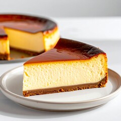 Delicious slice of cheesecake with caramelized sugar topping served