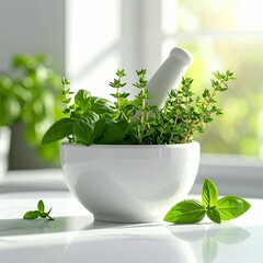 Fresh Herbs in White Mortar and Pestle on Countertop